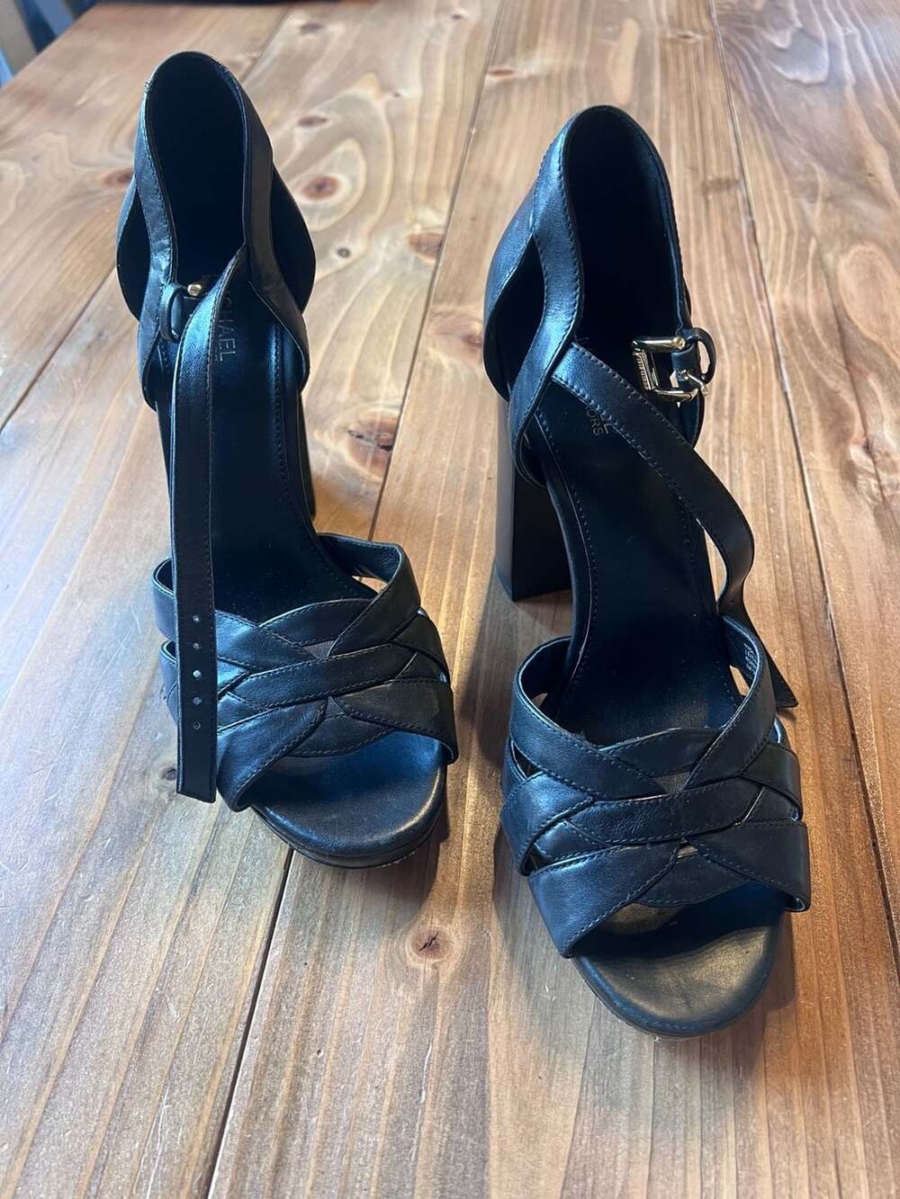 Michael Kors Black Leather Ankle Strap 4”
Platform Block Heel Sandals Size 8M